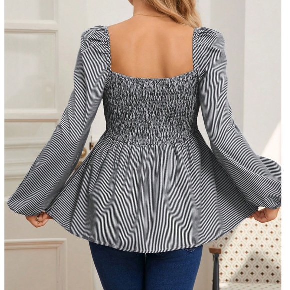 Maternity Stripes Ruffle Detail Long Sleeve Peplum Blouse - Picture 3 of 7